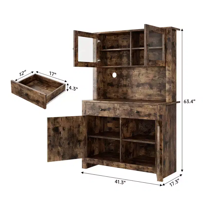 63 Kitchen Pantry Cabinet - Freestanding Hutch, Microwave Stand, 2 Drawers, 4 Doors, Adjustable Shelves, Kitchen Storage