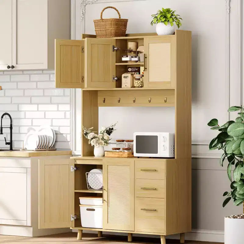 71 Natural Rattan Kitchen Pantry Cabinet C Farmhouse Hutch with 3 Drawers, Adjustable Shelves & 6 Hooks for Dining/Living Room