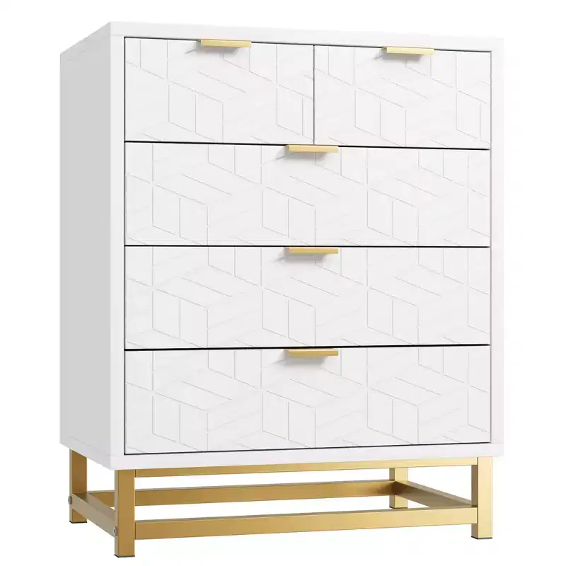 White Dresser with 5 Drawers, Tall Chest of Drawers, 5 Drawer Dresser with Deep Space, Wood Storage Cabinet for Living Room, Hallway, Office