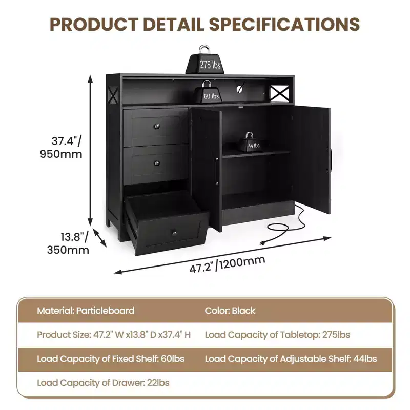 CuisinSmart Farmhouse Buffet Cabinet with Storage with Built-In Power Outlet, Sideboard Cabinet with 2 Doors&3 Drawers for Living Room Dining Room