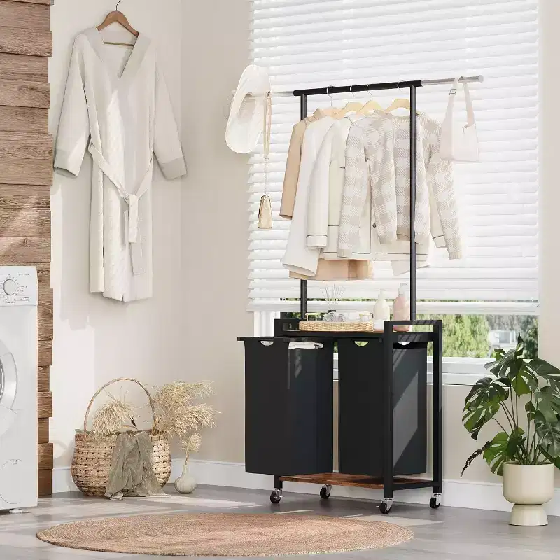 Laundry Sorter 2/3/4 Section,Rolling Laundry Sorter Hamper with Hanging Rack & Shelf, Laundry Basket Organizer with Lockable Wheels,for Home