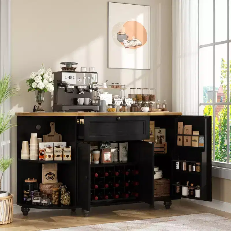 Besiost Coffee Buffet Table Cabinet with Storage and Doors, Wine Bar Cabinet with Wine Rack