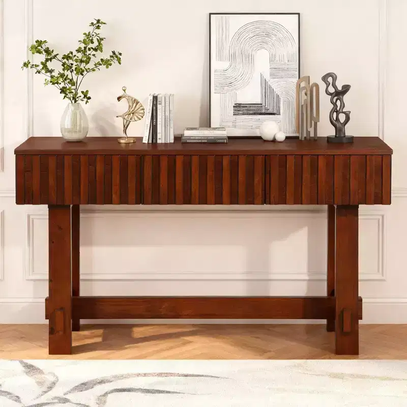 Hostack 52'' Farmhouse Fluted Console Table with Storage Drawers and Solid Wood Legs for Living Room and Hallway, Cherry