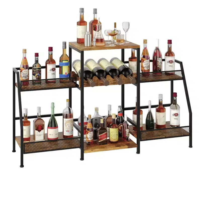 3-Tier Wine Rack Freestanding Floor for Liquor Whiskey Wine, Versatile Wine Bottle Display Stand with Fences, Vintage Brown
