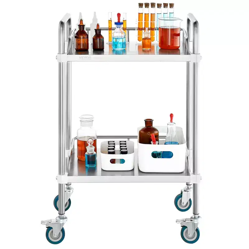 Lab Rolling Cart, 2-Shelf Stainless Steel Rolling Cart, Lab Serving Cart with Swivel Casters, Dental Utility Cart,15.16x21.57x34.06