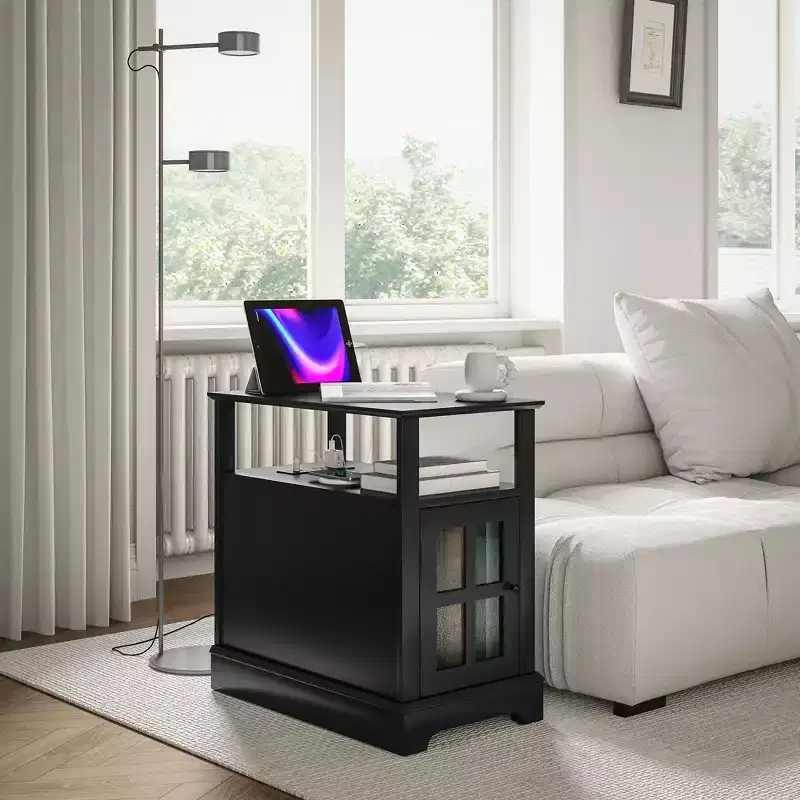 Narrow Side Table with Charging Station - 2 USB Ports, 2 Outlets, Hidden Storage