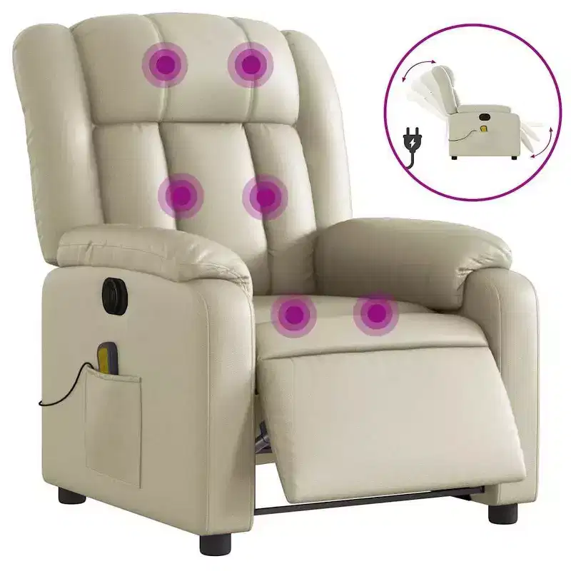 Electric Massage Recliner Chair - Cream Faux Leather Armchair with Motorized Reclining, Vibration Massage, Side Pocket for Living Room