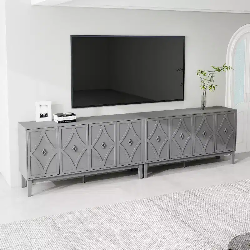 GDFStudio Surachai Modern Wooden Sideboard Buffet Cabinet with 4 Hand-Carved Geometric Doors and Adjustable Shelves