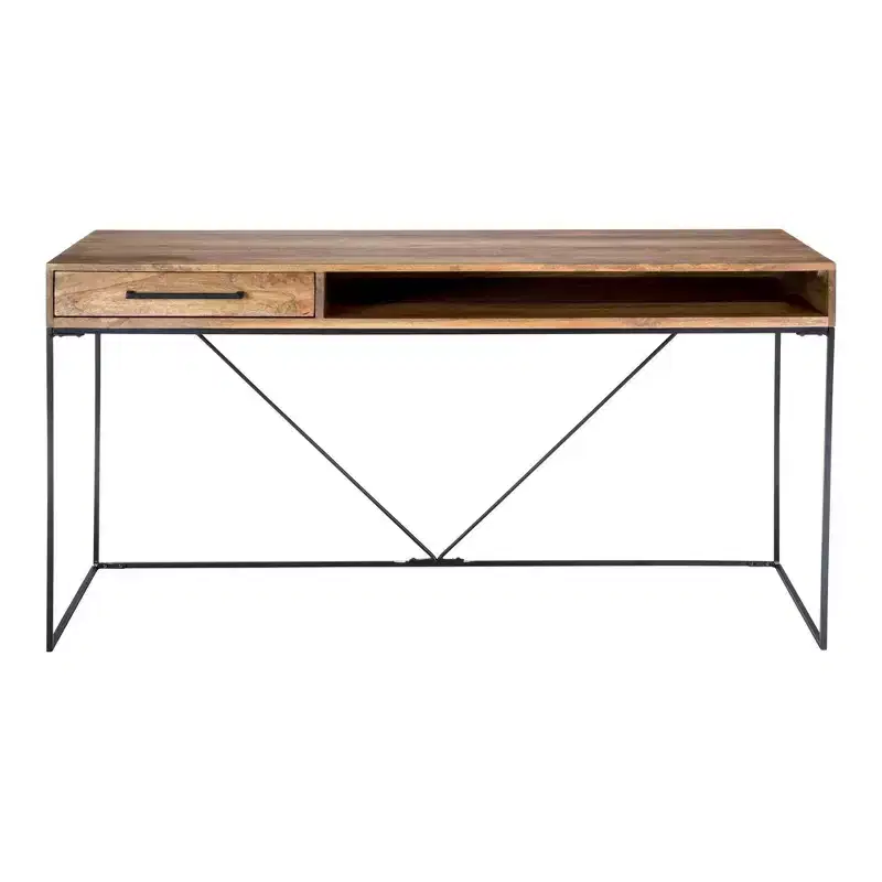 Allensworth Desk Natural - Alder Bay: Solid Mango Wood, Iron Frame, Modern Home Office Furniture with Shelf & Drawer