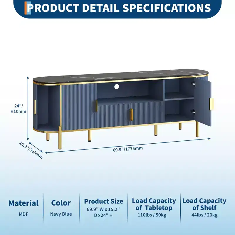 70-inch TV console with luxurious recessed design, faux marble countertop, curved sliding doors, and adjustable shelves.