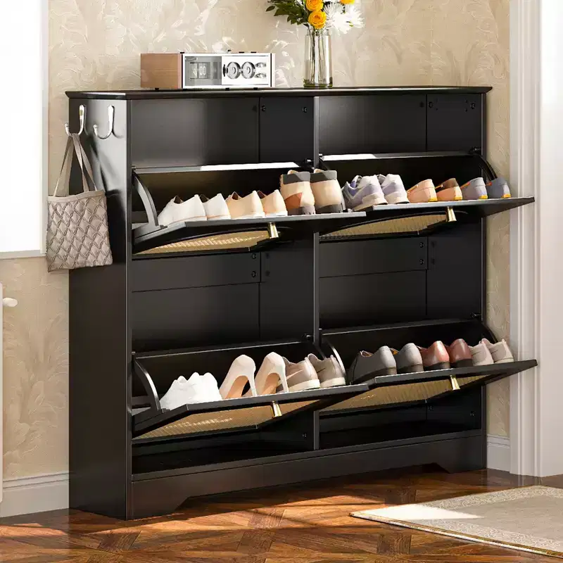 Narrow Tipping Bucket Shoe Rack & Shoe Cabinet with 4 Flip Drawers & Rattan Doors, 2 Silvery Hooks