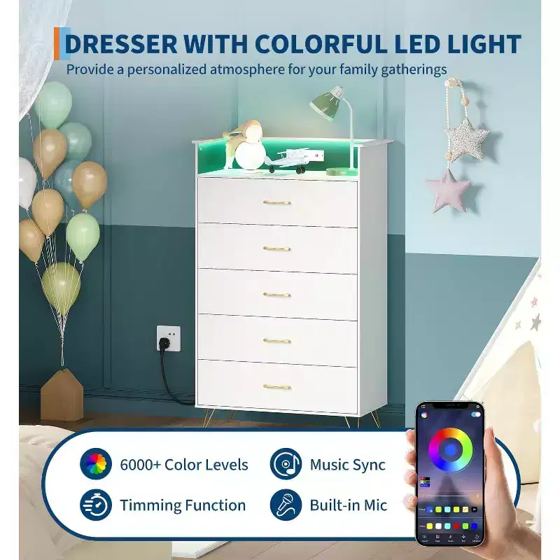 5-Drawer Dresser with LED Lights, App-Controlled Charging Station for Living Room, White