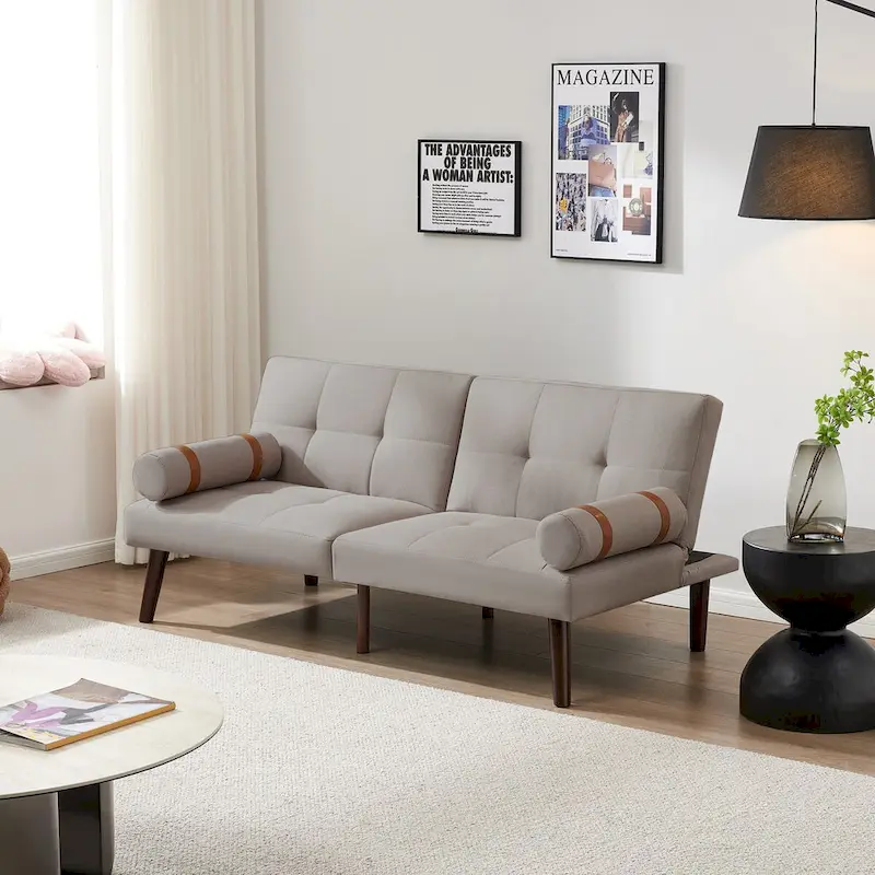 Convertible Sofa Bed Futon with Solid Wood Legs Linen Fabric Musterd Green