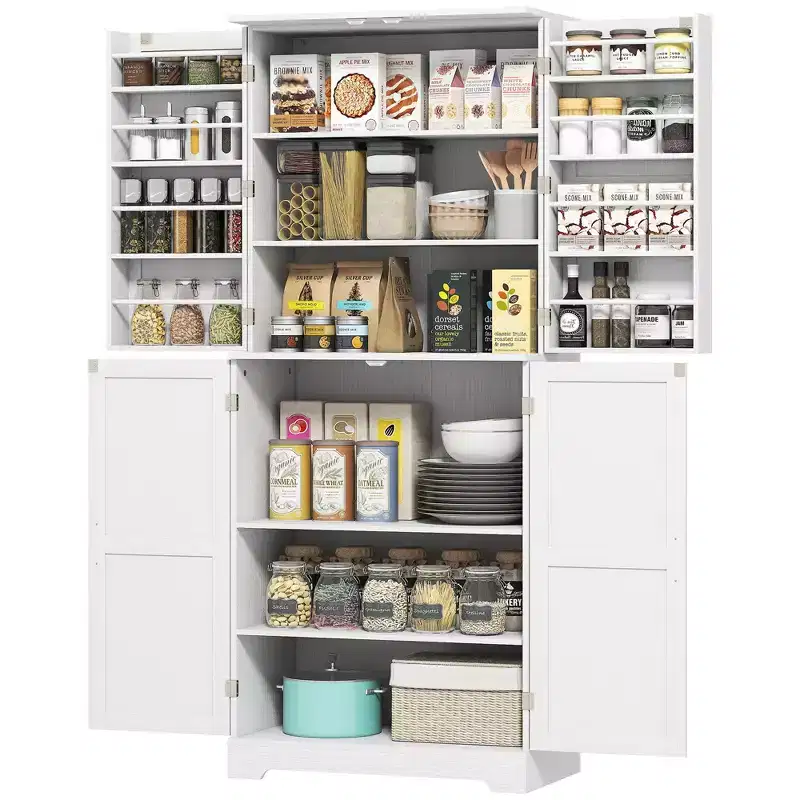 Farmhouse Kitchen Pantry, 72 Tall Pantry Cabinet with 4 Barn Doors, 4 Adjustable Shelves and 8 Door Shelves Wash