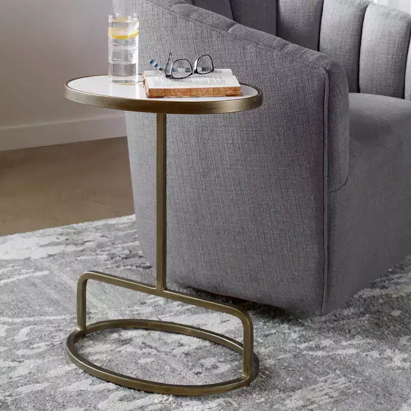 Uttermost Glam Luxury Iron Oval Accent Table 18 x 12 Antique Gold Honed White Marble Tabletop for Living Room Bedroom Entryway