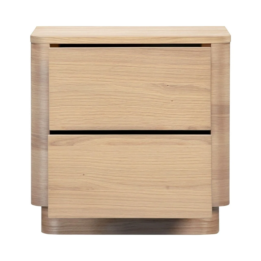 Natural Oak Veneer & Rubberwood Tall Nightstand with Rounded Corners & Dual Drawers for Bedroom