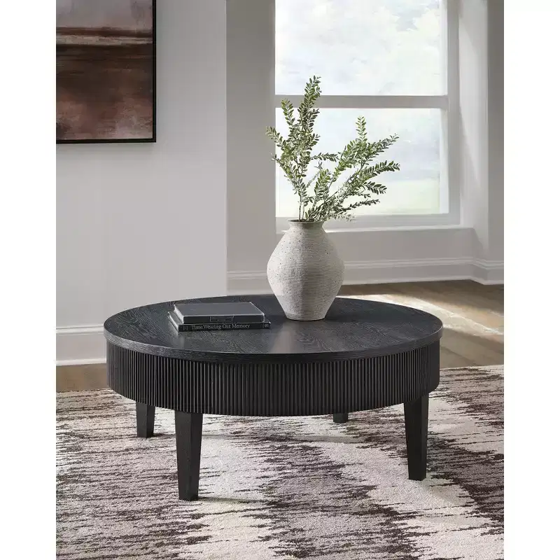 Round Coffee Table with Storage Drawers, Modern Farmhouse, Black