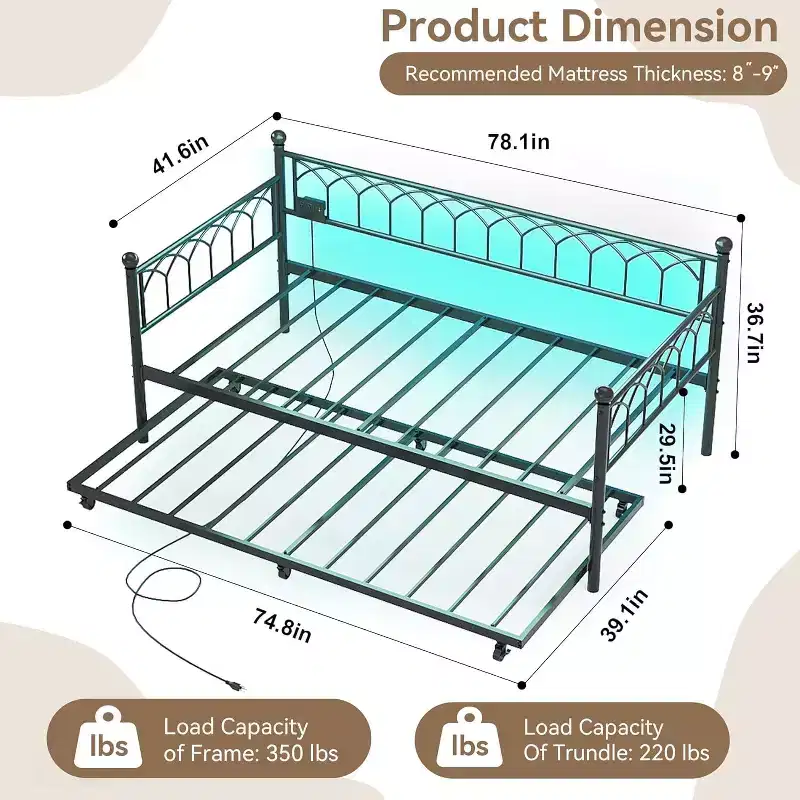 Bed Frame, Bed Frame Twin Daybed with Trundle, Convertible 2-in-1 Sofa, Space Saving Metal Sleeper, for Small Spaces, Apartments, Living Room