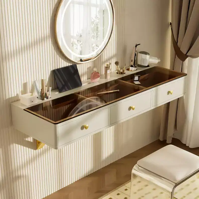 Wall-Mounted Vanity Desk with Drawer & Glass Tabletop – Compact