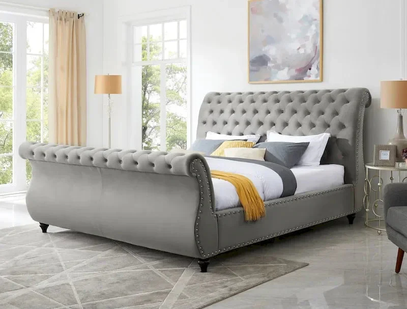 Grey Velvet Button-Tufted Sleigh Bed – Nailhead Trim, Queen & King