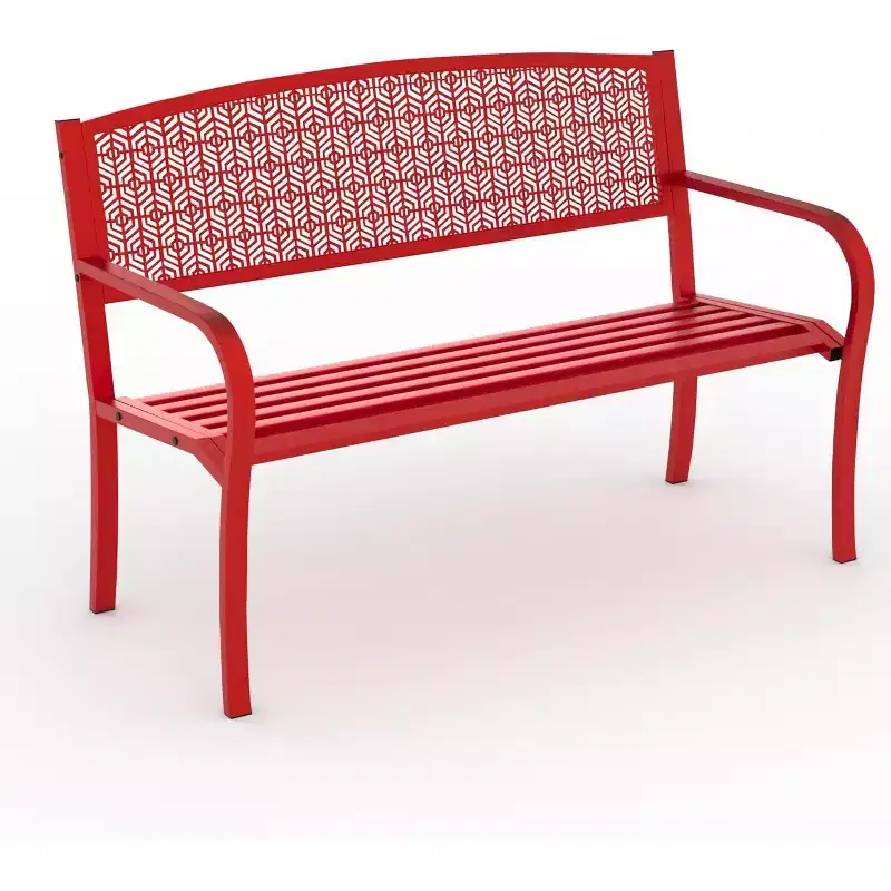 50 Outdoor Metal Garden Bench, Patio Steel Bench with Curved Backrest, Decorative Pattern, Weather-Resistant Porch Bench for Yard, Park, Backyard