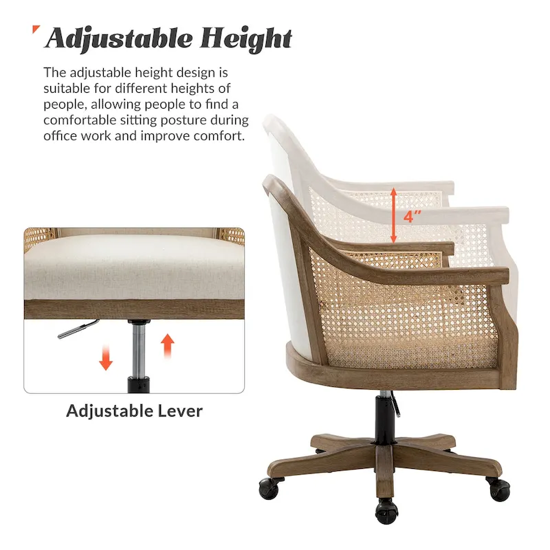 Danilo Farmhouse 360 Degree Swivel Height Adjustable Rattan Desk Chair with RubberWood by HULALA HOME
