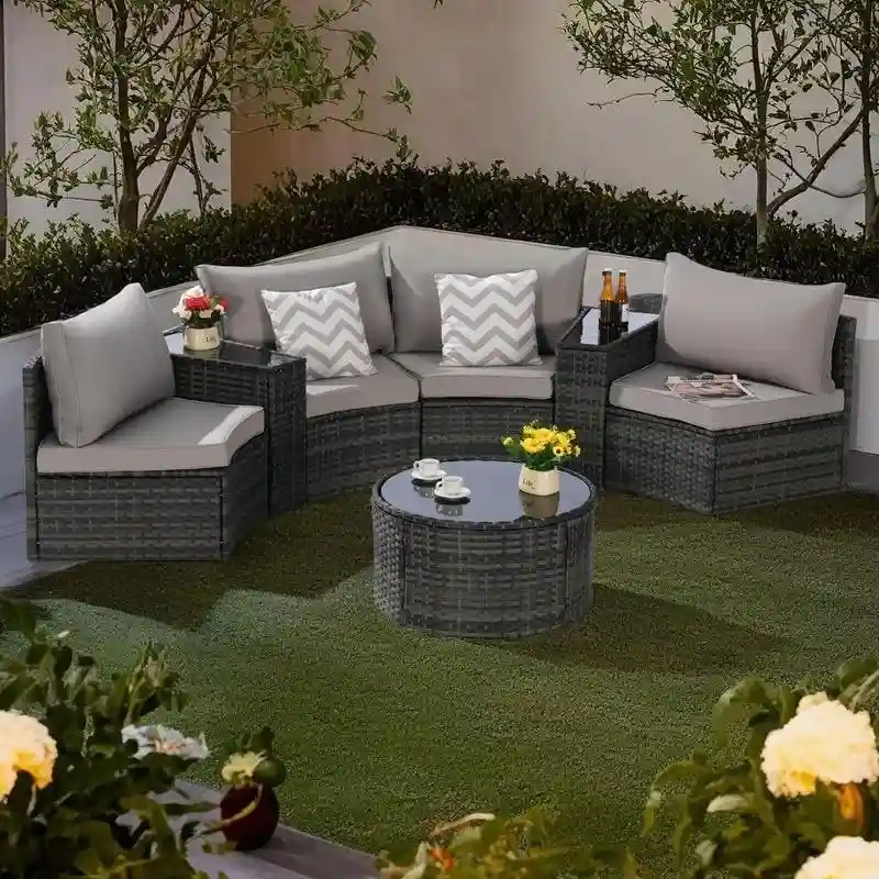 7-Piece Outdoor Patio Half-Moon Sectional Sofa Set with Tempered Glass Coffee Table