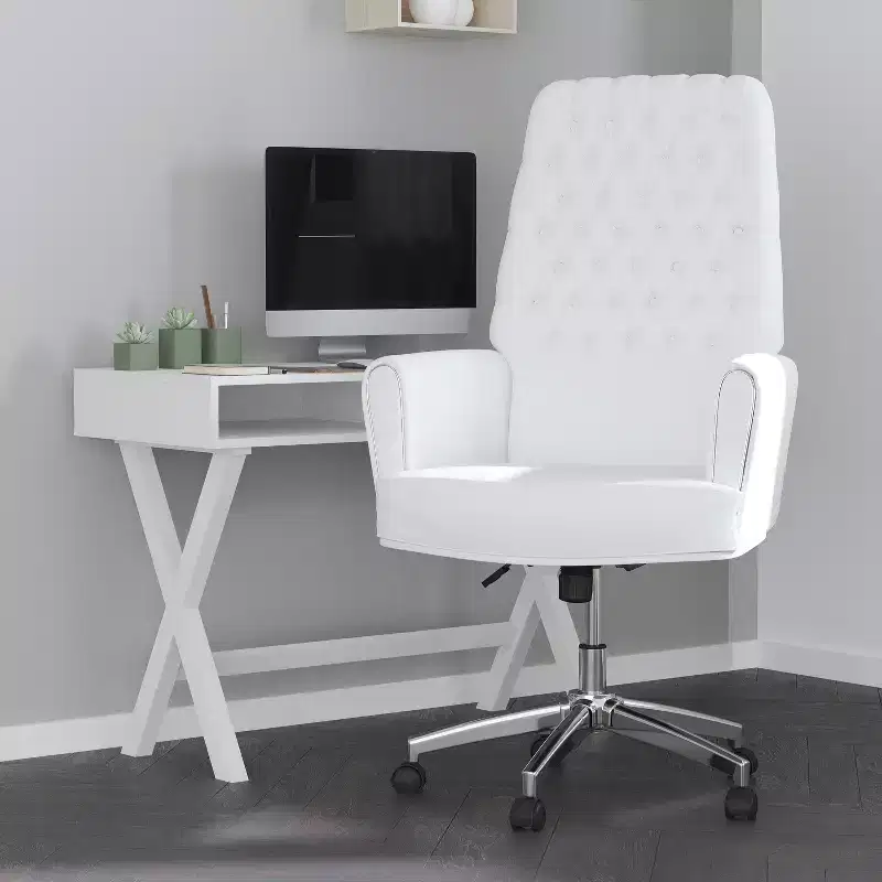 Merrick Lane High Back Button Tufted Faux Leather Swivel Home Office Chair with Welt Trimmed Arms
