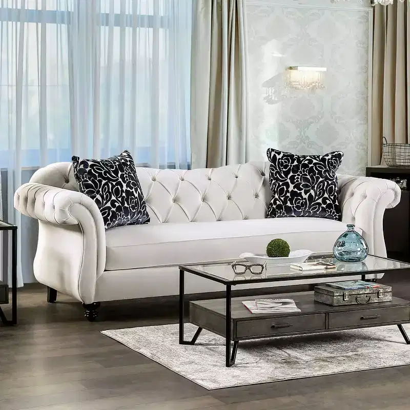 Button Tufted Velvet Sofa, 3-Seater with Wood Frame and Black Legs