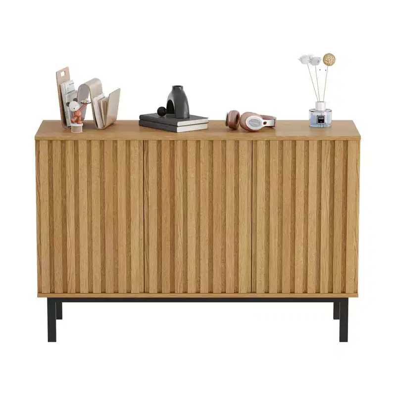 Natural Oak Sideboard Buffet Cabinet, Fluted Doors, 3/4-Door