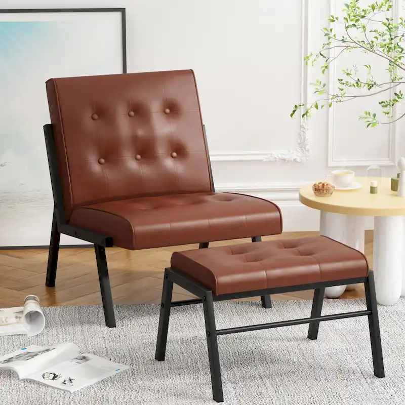 Mid-Century Faux Leather Accent Chair with Ottoman, 23.6