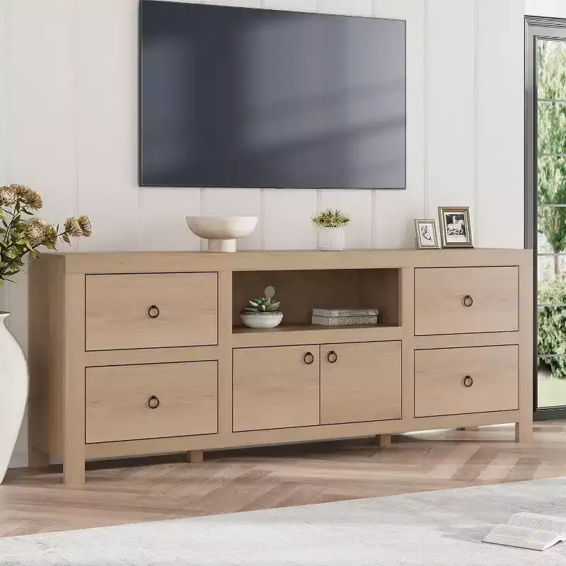 TV Stand for 80 in TVs, Long Entertainment Center with 6 Storage Drawer & Soundbar Shelf, Brown Television Consoles Stands for Living Room, Bedroom