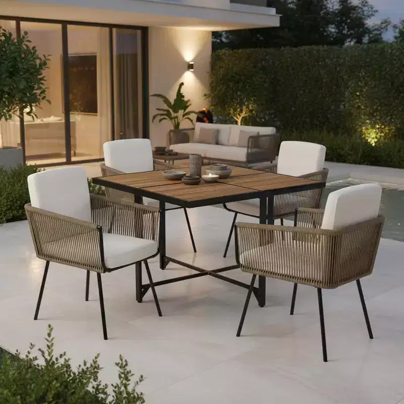 Gymax 5PC Outdoor Patio Dining Set w/ Rectangular Acacia Wood Table & Cushioned Chairs for Backyard and Garden
