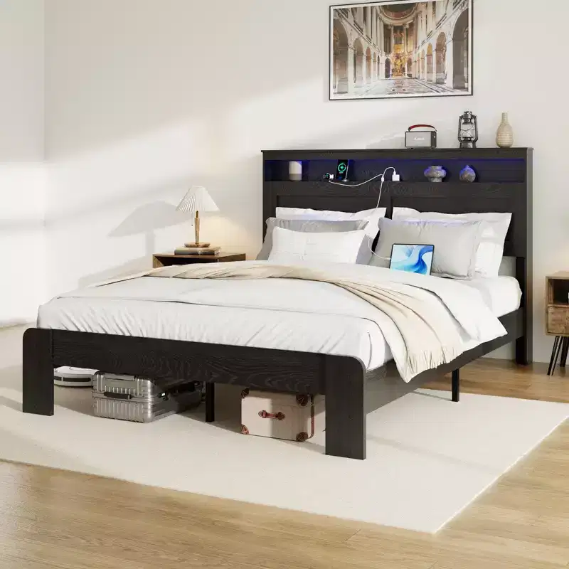 Bed Frame Queen/King Size,Wood Platform with Under Bed Storage LED Light Headboard and 2 USB,Noise Free,No Box Spring Needed,Dark Black
