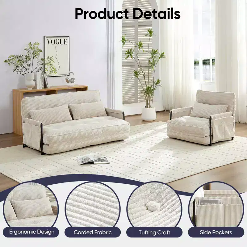 Mjkone Muti-Functional Folding Sofa Bed,Floor Sofa Bed Set,Lazy Sofa with Pillows,6 Position Adjustable Backrest
