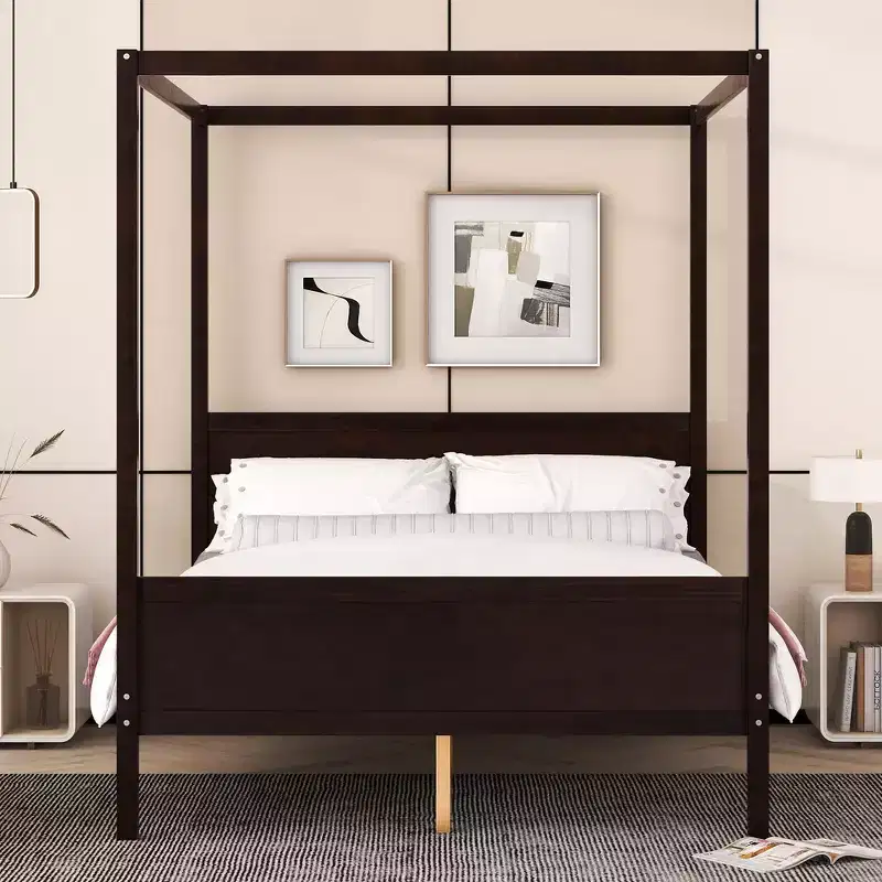 Whisen Queen Size Canopy Bed with Headboard & Footboard, Under-Bed Storage & Decor-Friendly Design