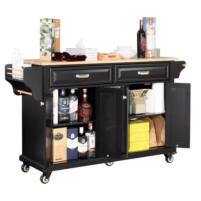 Okak Kitchen Island With Storage and Rubber Wood Countertop, 5 Wheels Kitchen Cart with Ample Storage, Countertop Organizer for Dining Room