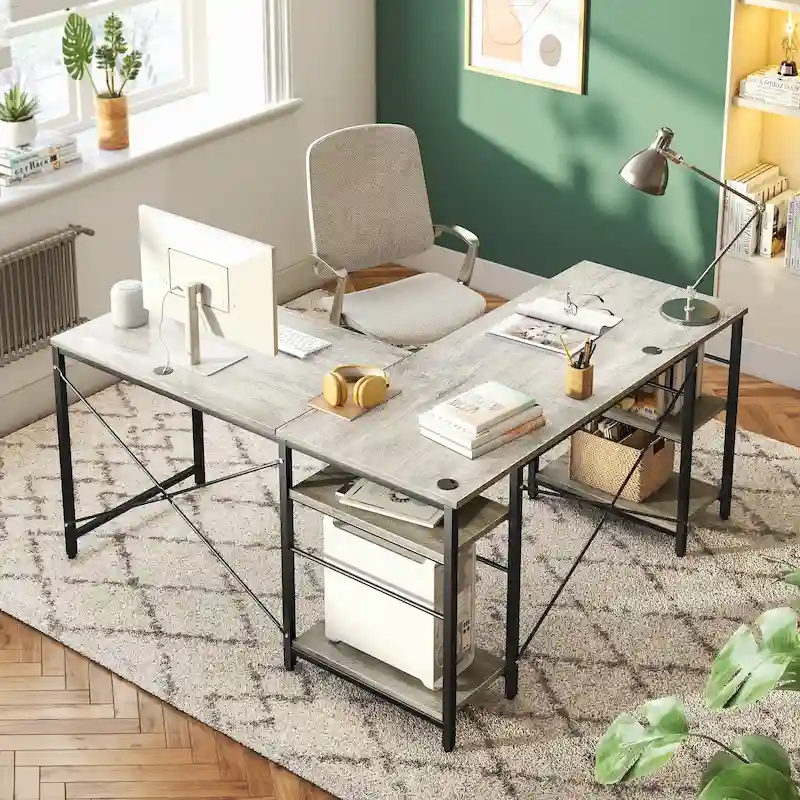 95.2 Inch L Shaped Desk with Shelves Home Office Computer Desk