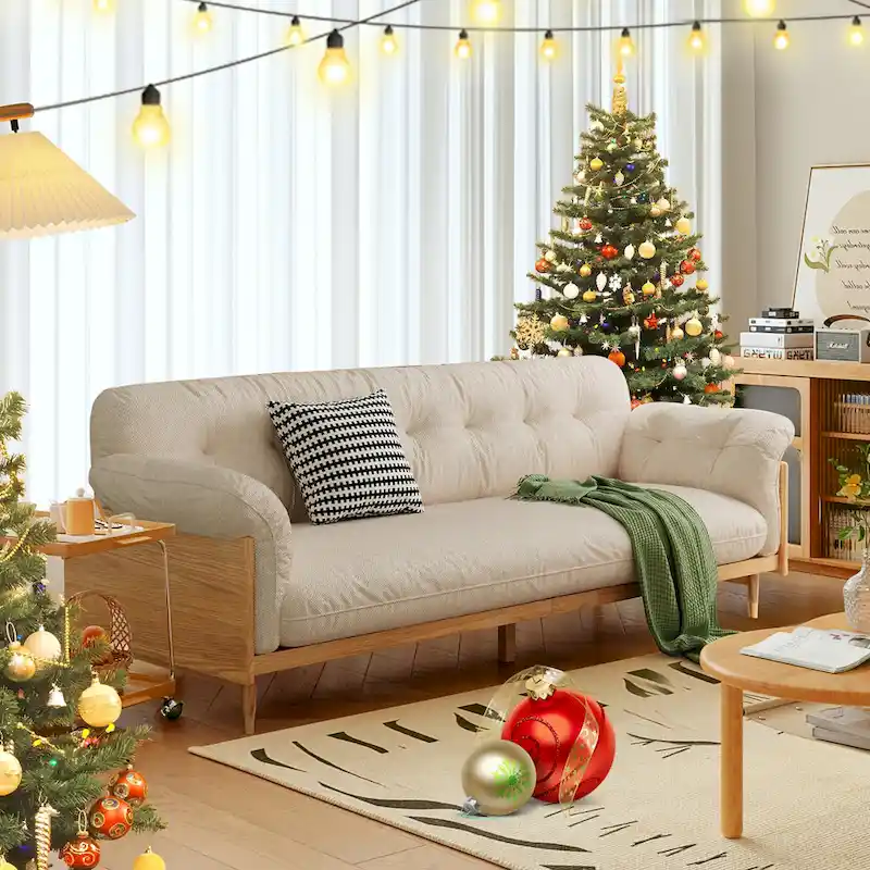 Modern 3-Seat Upholstered Cotton Linen Sofa, Beige