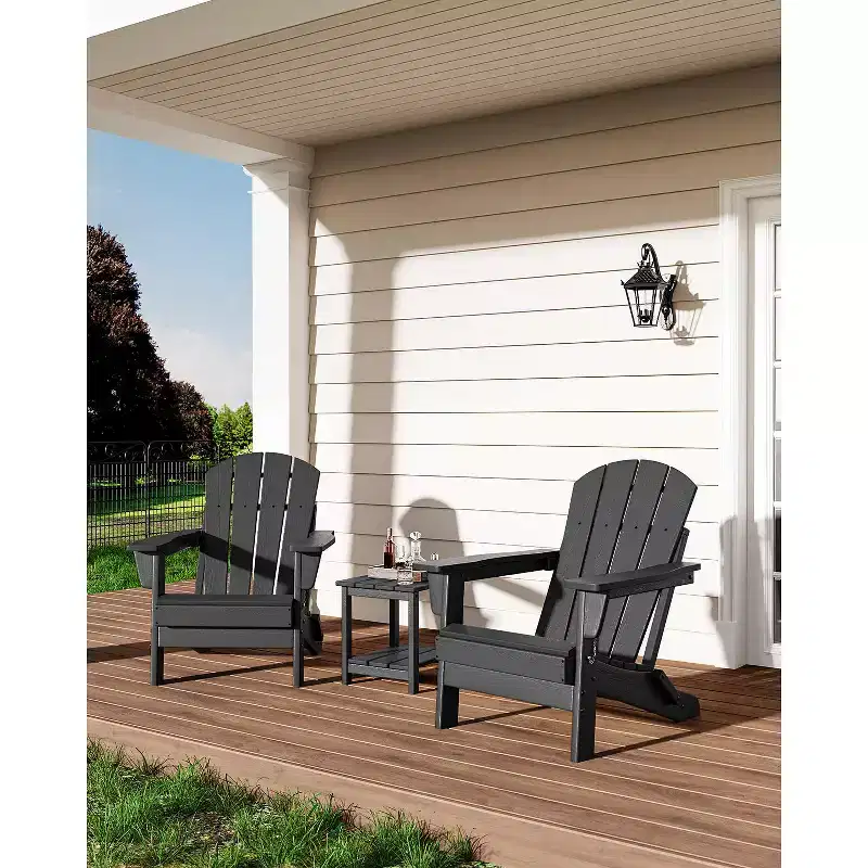 All-weather Outdoor Patio Chairs with Cup Holders, Foldable Wooden-textured Chairs, for Patios, Decks, Gardens, Navy Blue - 1 set