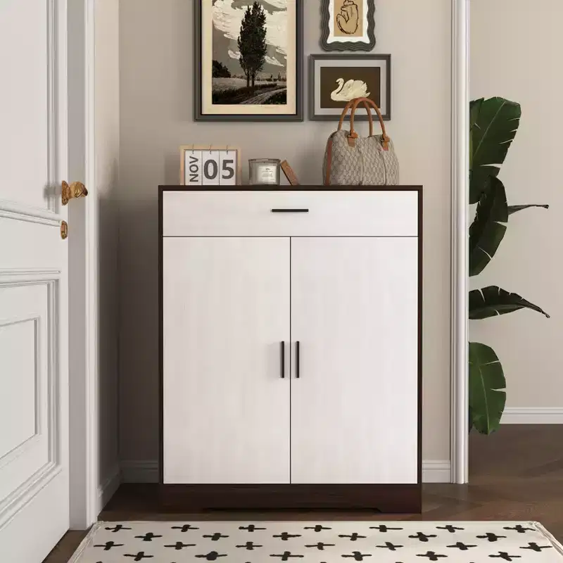 Freestanding Wooden Four-Tier Shoe Rack with One Drawer, White Cabinet Doors and Adjustable Shelves, Ideal for Entryways, Walnut