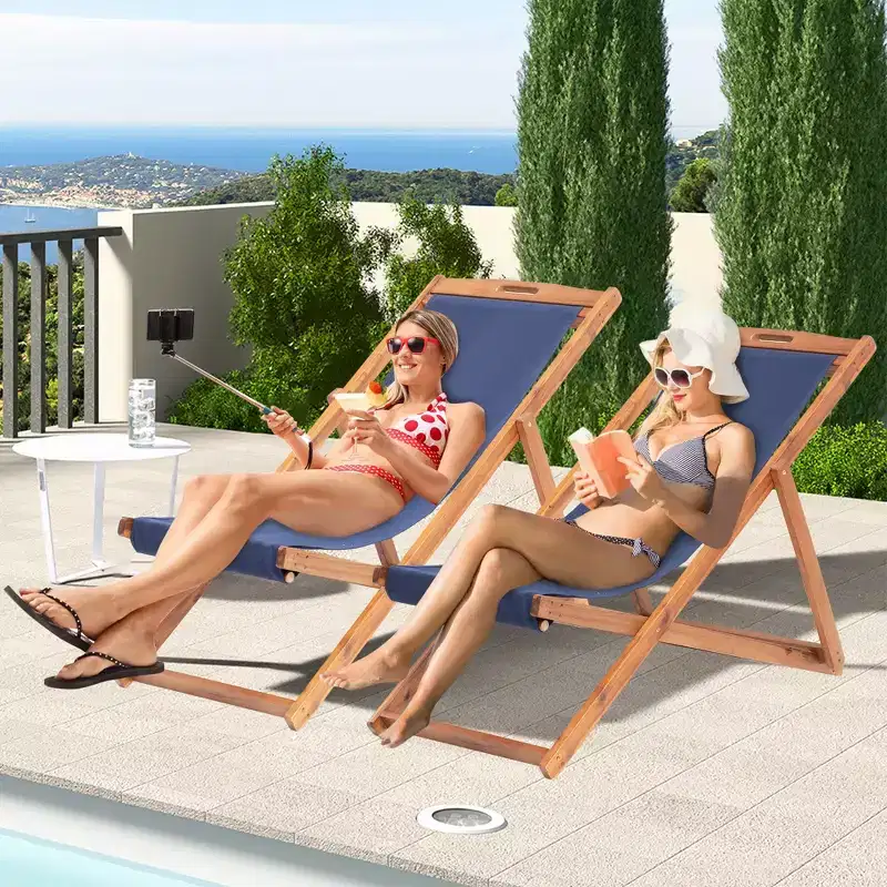 FDW Beach Sling Patio Chair for Relaxing, Foldable with Adjustable Height Made from Eucalyptus Wood with White Polyester