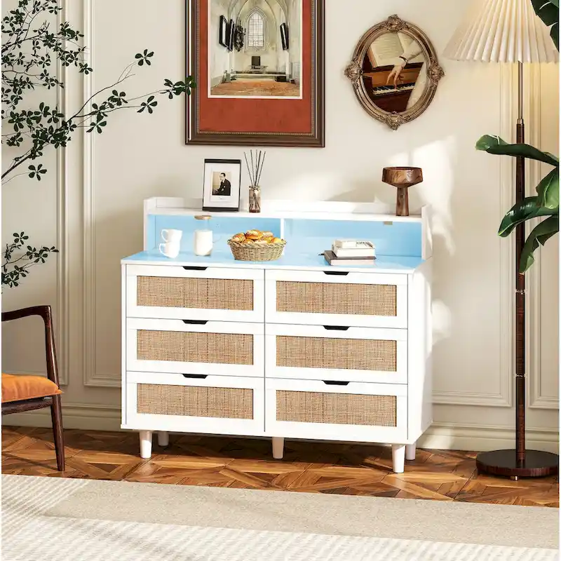 White Rattan 6-Drawer Storage Cabinet with LED & Power Outlet