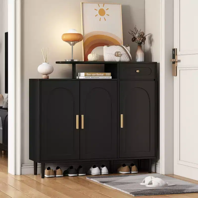 Elegant Shoe Cabinet with Arched Doors and Drawer, Storage Sideboard with Adjustable Shelves and Solid Wood Legs 4B - ModernLuxe