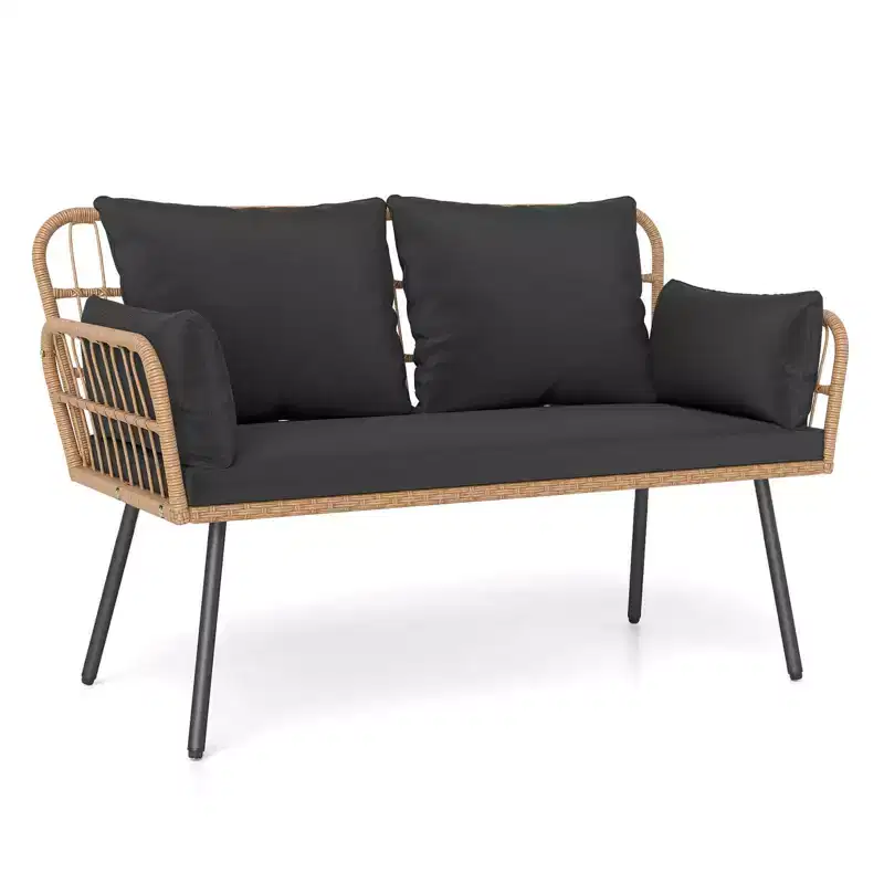 Costway Patio Wicker Loveseat Furniture with Seat Back Cushions, Heavy-Duty Metal Legs Off-White/Black