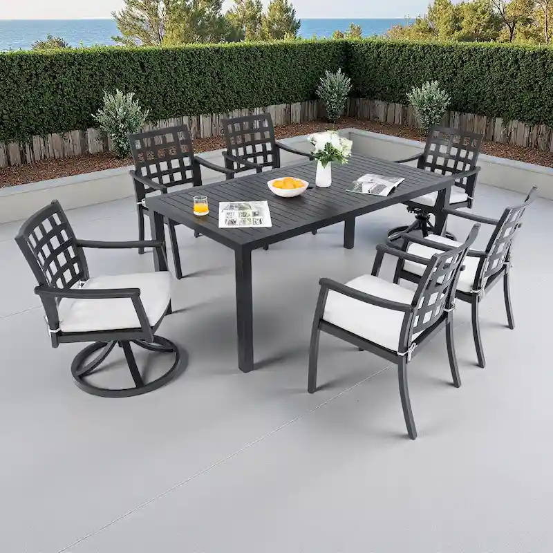 7-Piece Outdoor Patio Aluminum Dining Set with 67 Rectangular Table, 2 Swivel Rocker & 4 Armchairs, and Umbrella Hole