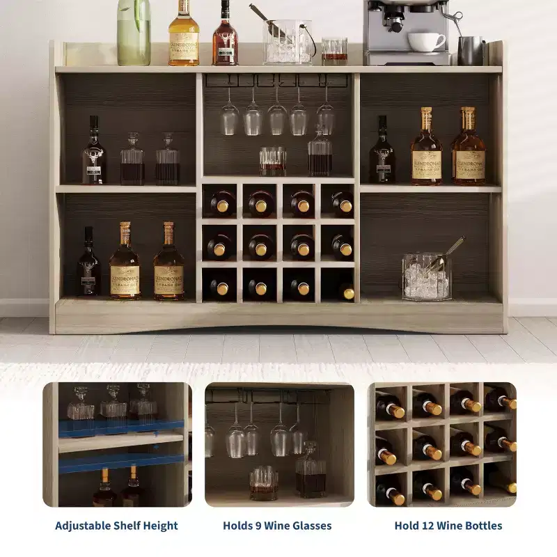 47 Modern Wine Bar Cabinet with 9 Glass Holders, 12 Wine Racks, Fluted Design, 2 Doors, Buffet Sideboard Storage for Dining & Living Room