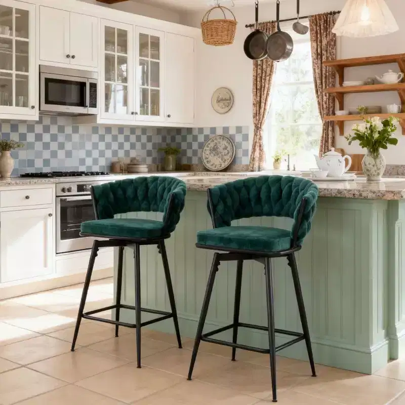 Okak Modern Set of 2 Breathable Linen Padded Bar Stools with Footrest & Sturdy Metal Frame,Counter Height Swivel Chairs