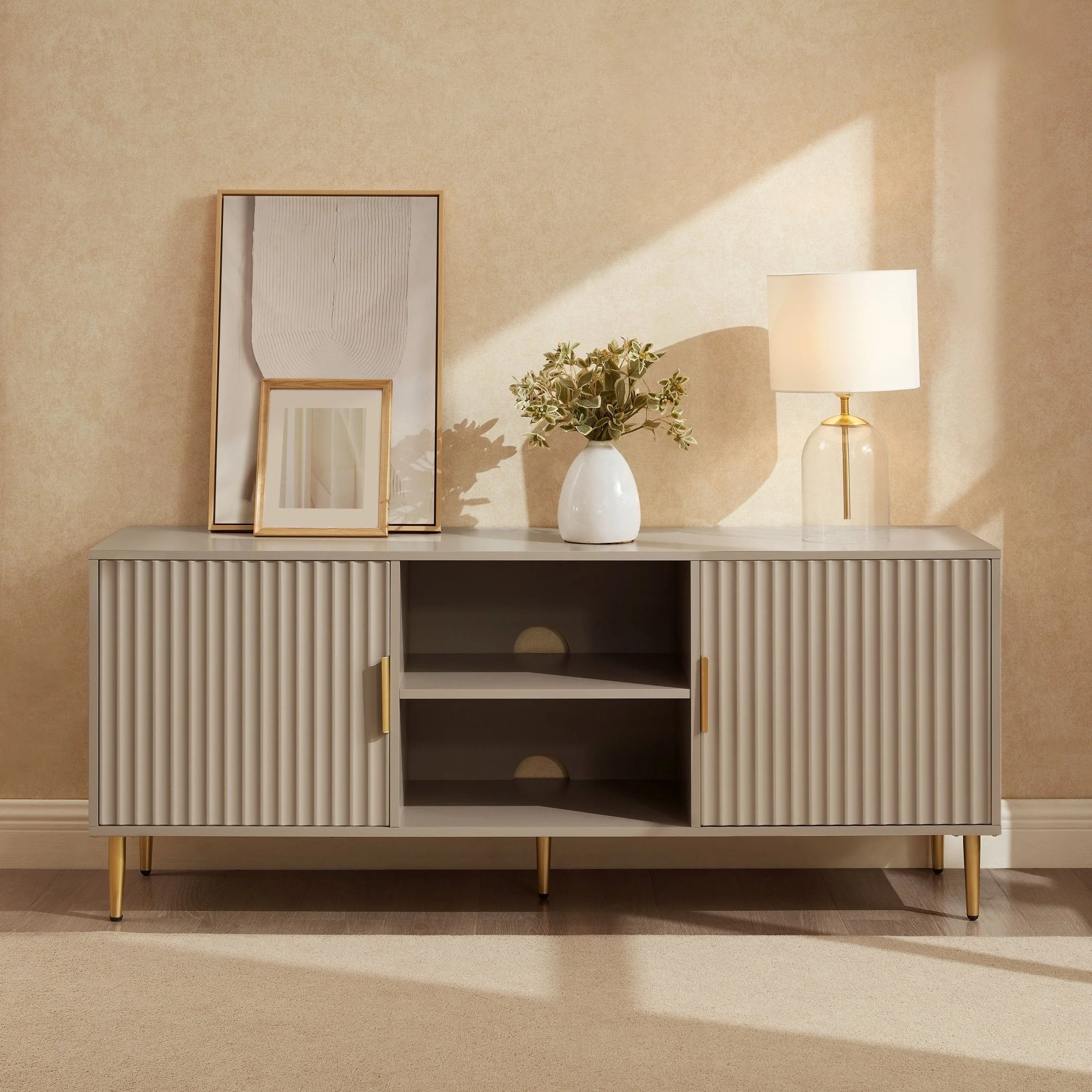 Modern Taupe Painted TV Unit with Gold Accents for TVs up to 65 Inch for Living Room