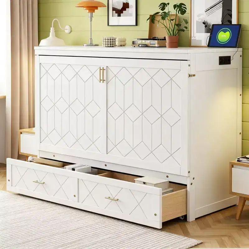 Queen Murphy Bed Cabinet with Storage Drawers, Safety Lock & Power Outlets